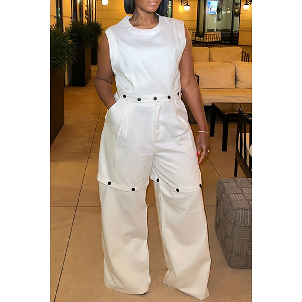 Plus Size Casual Pant Set White Round Neck Detachable Two Piece Pant Set With Pocket