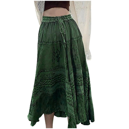 Vintage Bohemian Boho Long Skirt Women Beach Retro Print Drawstring High Waist A Line Skirt Green Large Swing Casual Maxi Skirt