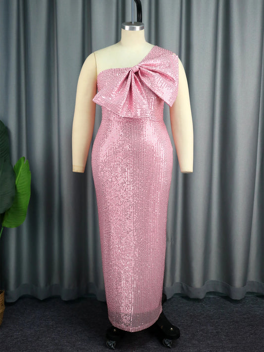 ONTINVA Elegant Party Dresses Plus Size Luxury Pink Sequins One Shoulde Bowtie Evening Birthday Wedding Event Outfits for Women