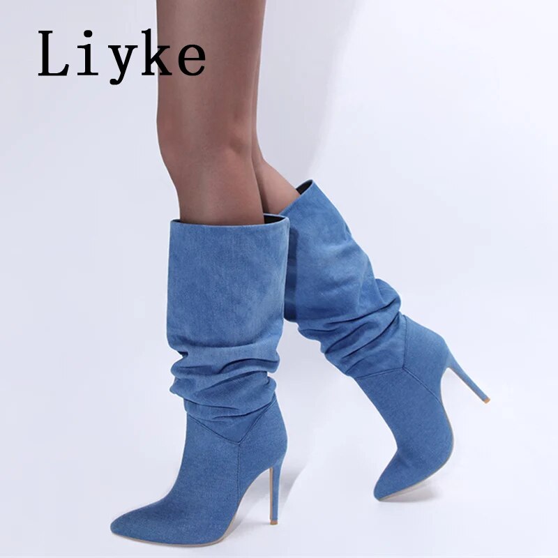 Liyke Autumn Winter Sexy 11CM Stiletto Heels Blue Denim Knee High Boots Women Party Fashion Pleated Pointed Toe Shoe Botas Mujer 