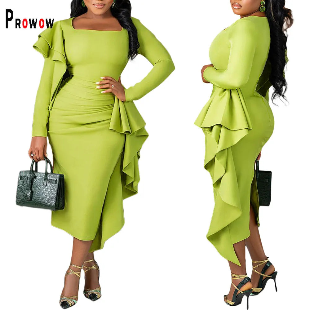 Prowow Elegant Women Maxi Dress Green Color Square Collar Evening Birthday Party Wear 2023 New Ruffle Long Sleeve Female Clothes