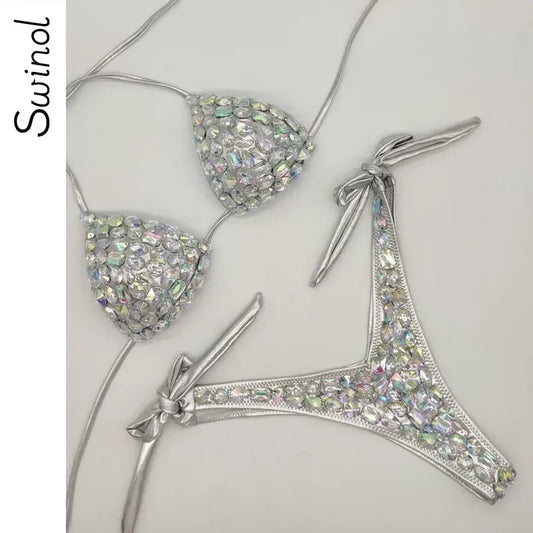 Swinol Luxury Bikini 2 Piece Swimsuit Sexy Rhinestone Bra and Thong Set Bling Stones Bathing Suit Sexy Women Push Up Beachwear