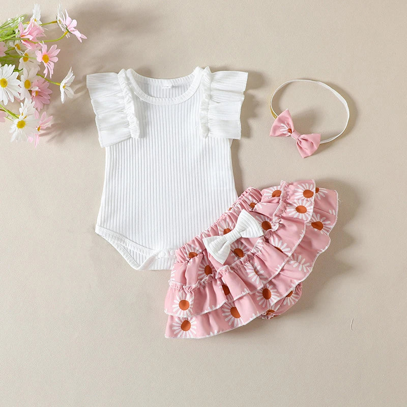 Newborn Baby Girl Summer Cotton Cute Romper Outfit Short Sleeve Tutu Skirt Bowknot Headband Set Birthday Party Clothes