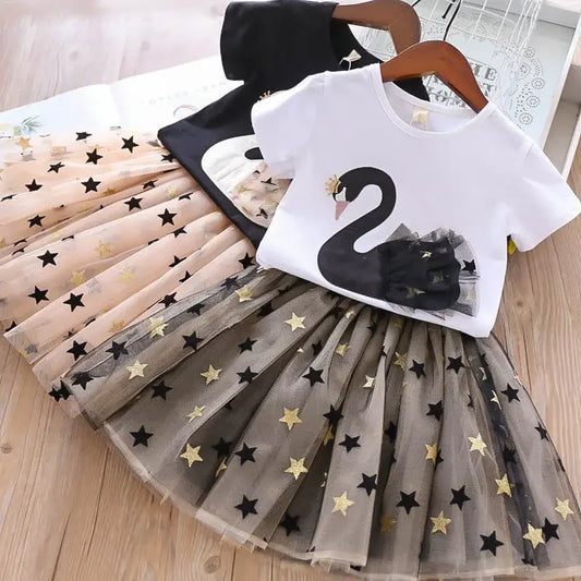 Summer Baby Girls Clothing Sets Cotton Cartoon Swan T-Shirt+Sequin Skirts 2Pcs Suit Children Fashion Princess Kids Dress Outfits