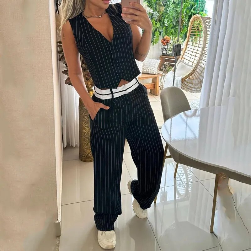 Wefads Two Piece Set For Women Commuting V Neck Sleeveless Strip Printed Single Button Top Straight Pants Sets Streetwear