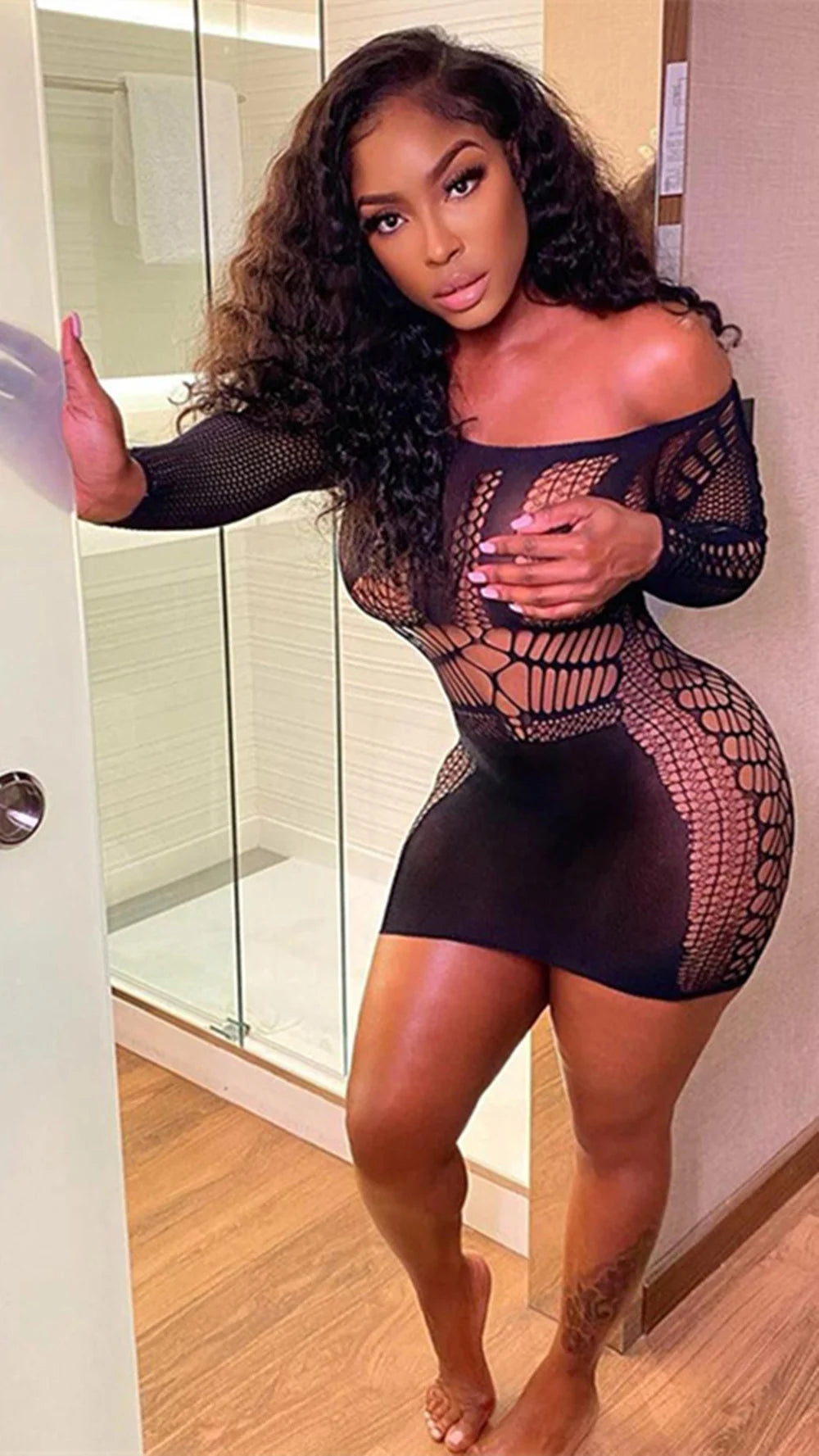 Sexy Women Fishnet Long Sleeve Dress Low Cut Tight Pencil Cute Dress Plus Size Mini Dress Night Club Dance Dress Beatchwear