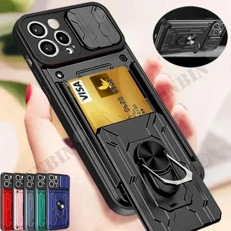 Case For iPhone 15 14 Pro Max 13 12 Pro Max XR X 8 7 Plus SE Slide Stand Ring Camera Military Grade Card Slot Cover