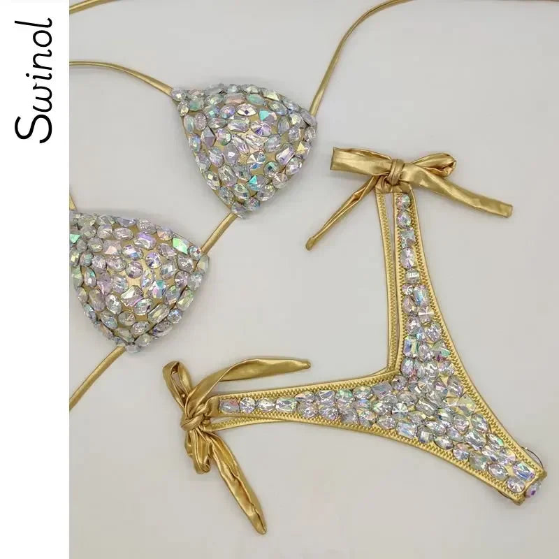 Swinol Luxury Bikini 2 Piece Swimsuit Sexy Rhinestone Bra and Thong Set Bling Stones Bathing Suit Sexy Women Push Up Beachwear