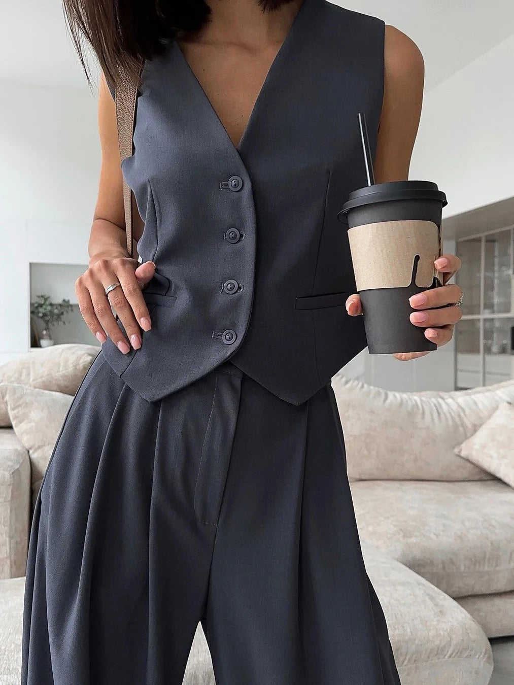 Blue Wide Leg Trousers Office Suit for Women 2024 Spring V-neck Sleeveless Vest Two Piece Set Pantsuit Women's Tracksuit Outfit