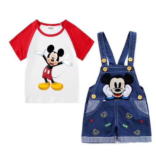 Baby Boys Mickey Mouse Cotton Short Sleeve T-shirt +Belt Denim Shorts Two-piece Outfits Sets Kids Toddler Boy Summer Clothes Set