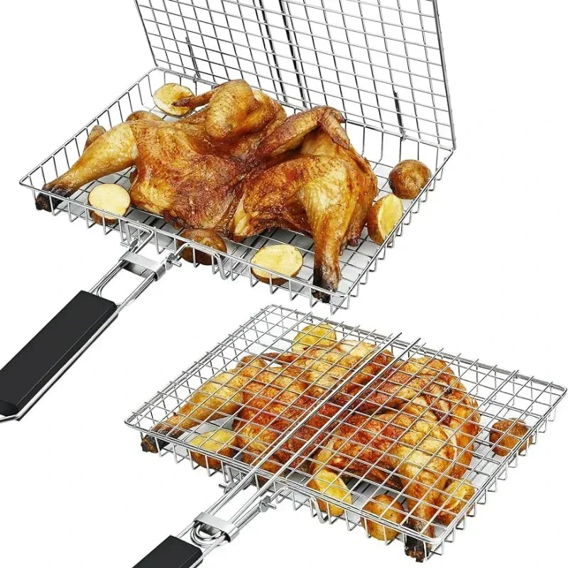 Portable Grill Basket Folding Stainless Steel BBQ Grill Basket with Handle for Fish Vegetables Shrimp Cooking Cookware Tools New