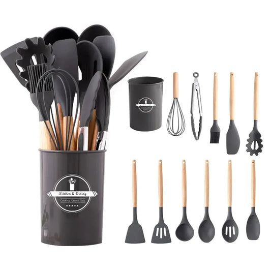 Silicone Kitchen Utensils Set, 12-piece Kitchen Cookware Non-stick Cookware Is Heat-resistant Natural Wooden Handle,Shovel Egg B