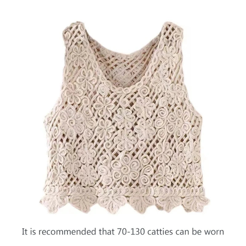 Women Hollow Out Crochet Knit Bohemian Sleeveless Vest Crew Neck Floral Pattern Cami Shirt Beachwear Crop Top