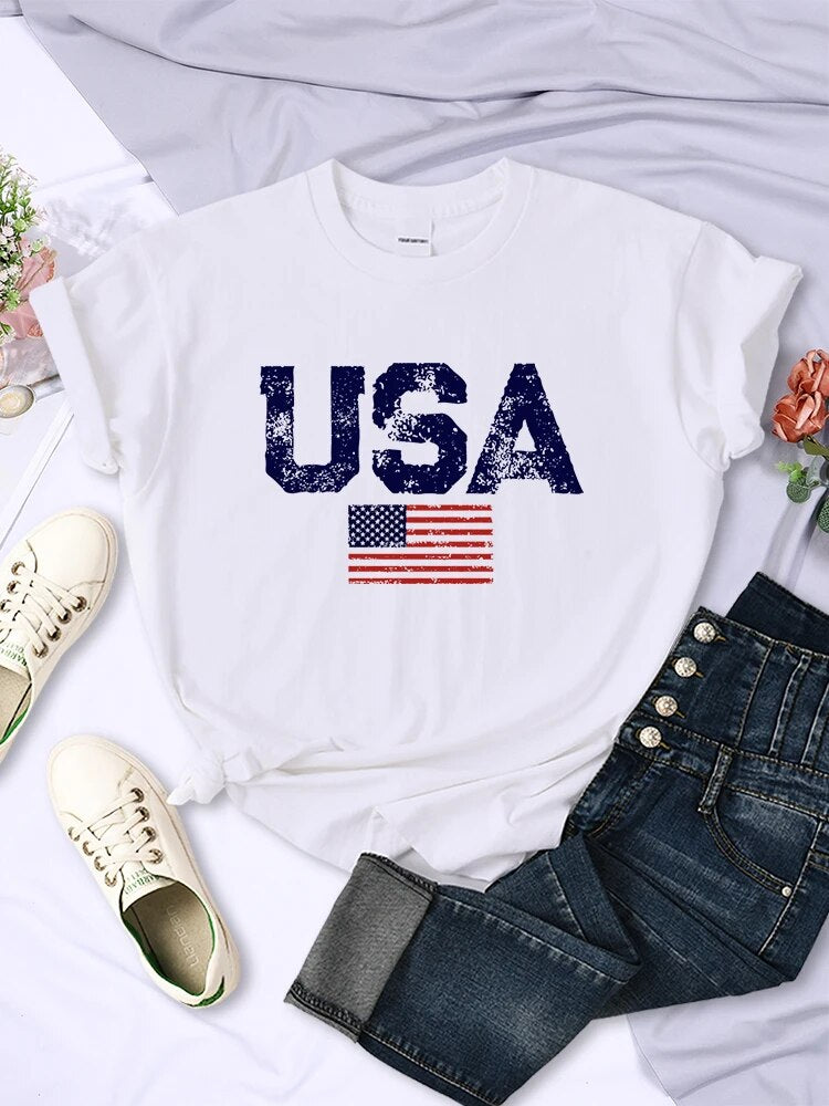 USA Letters American Flag Stars and Stripes Printed Women T-Shirts Street Hip Hop Tee Clothing Summer Breathable Tshirt Female