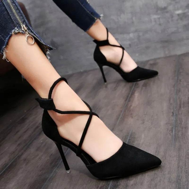 Women's Suede High Heel 9cm 2023 New Pointed Stiletto Fashion Sexy Black Wedding Shoes Nude Bridal Shoes Heel Woman