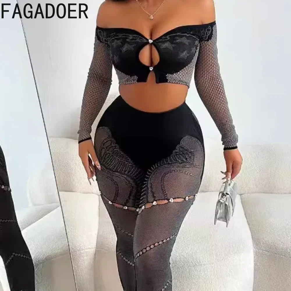 FAGADOER Thick Lace Sexy 2 Piece Set Outfit Women Off Shoulder Long Sleeves Crop Tops and Pants Clothing Female Elastic Clubwear