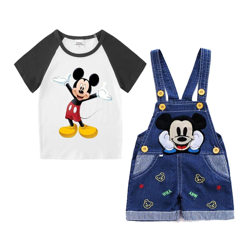 Baby Boys Mickey Mouse Cotton Short Sleeve T-shirt +Belt Denim Shorts Two-piece Outfits Sets Kids Toddler Boy Summer Clothes Set