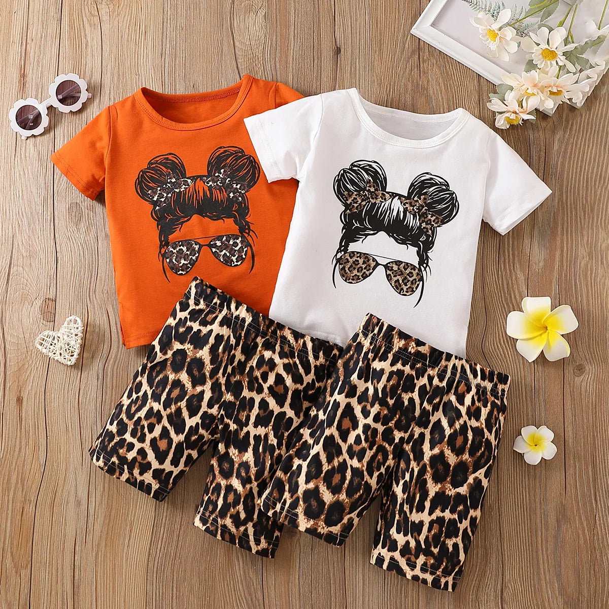 Summer girls' suits, children's glasses, girls' printed tops, leopard shorts, European and American style cotton kids clothing