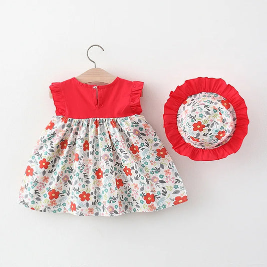 2 Pcs New Summer Baby Girl Floral Dress Girl Sleeveless Pure Cotton Newborn Birthday Dress Comes with Sun Hat