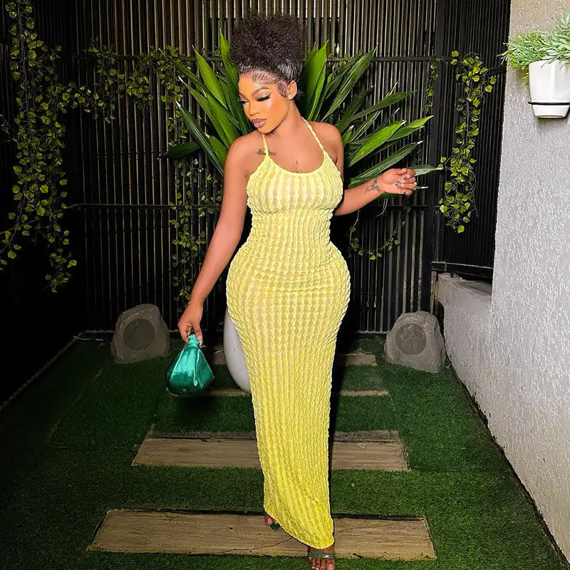 Summertime Fine Textured Cross Strap Maxi Dress 