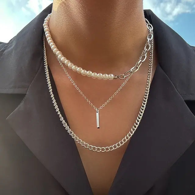 Ancient Geometric Pendant Necklace for Men with Half-Pearl Chain Choker 