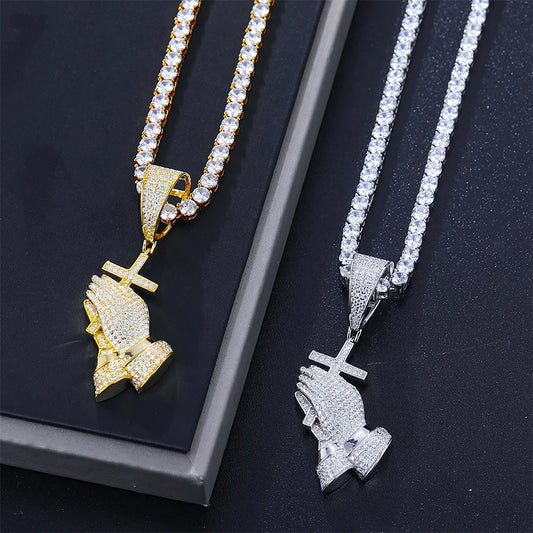 Cross Pray Hand Pendant Necklace 