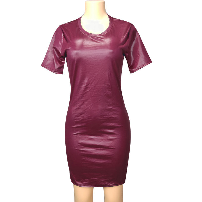 Faux Leather Long Sleeve Round Neck Knee Sheath Tight Dress dress