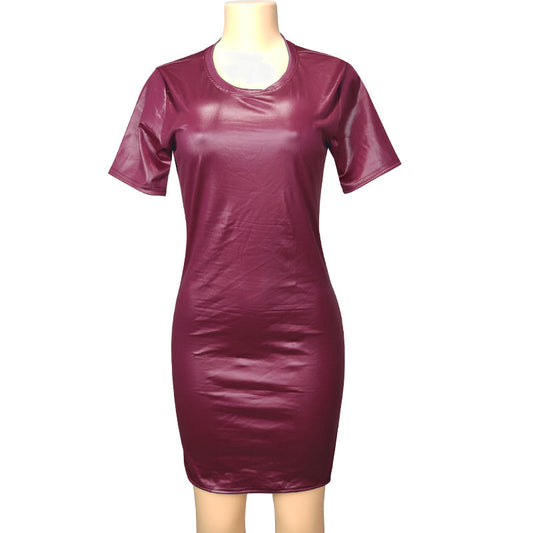 Faux Leather Long Sleeve Round Neck Knee Sheath Tight Dress dress