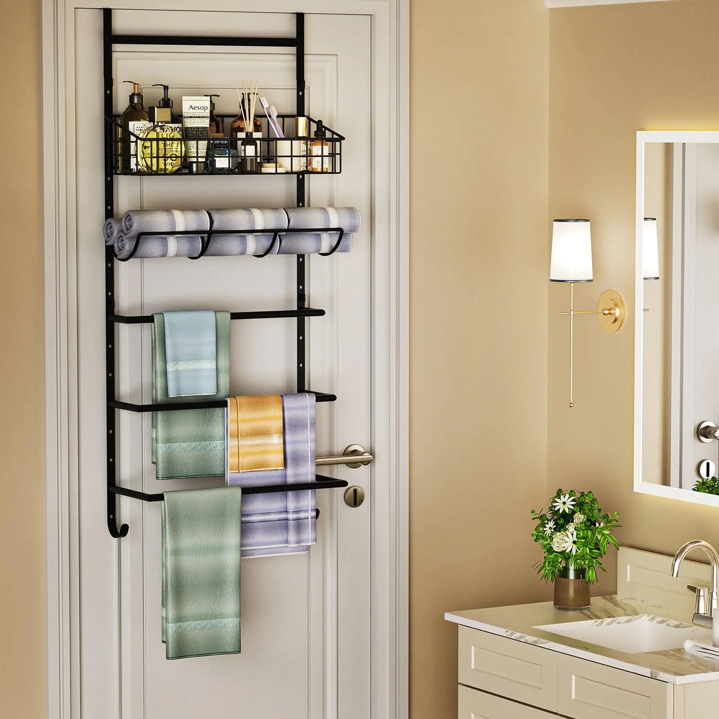 X-cosrack Adjustable Towel Racks for Bathroom Door Hanging 5 Tiers Over The Door Towel Rack with Hooks Bathroom Towel Holder Wall Mount for organizing Towels，Clothes