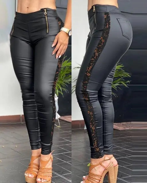 Crochet Lace Leather Skinny Pants 