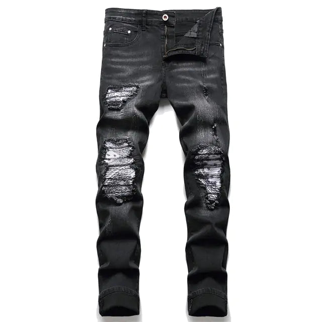 Men's Paisley Bandana Print Patch Jeans 