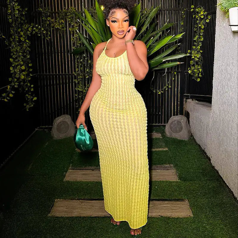 Summertime Fine Textured Cross Strap Maxi Dress 