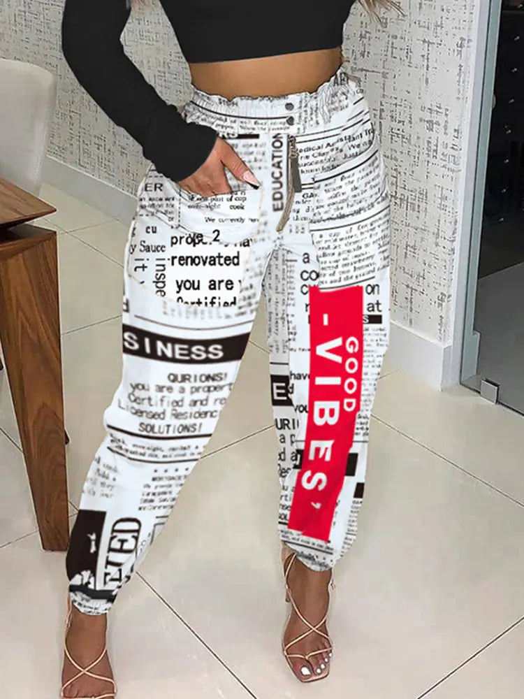 Autumn Newspaper Print High Waist 