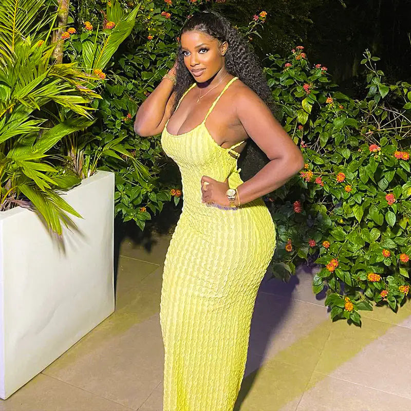 Summertime Fine Textured Cross Strap Maxi Dress 