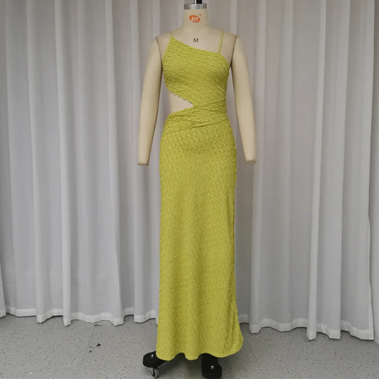 Solid Color Diagonal Collar Sleeveless Hot Girl High Slit Dress long dress