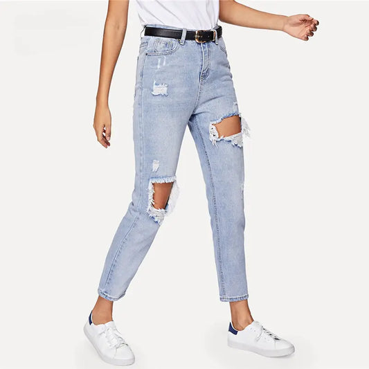 Cut Out Ripped Jeans For Women Blue Denim Trousers 