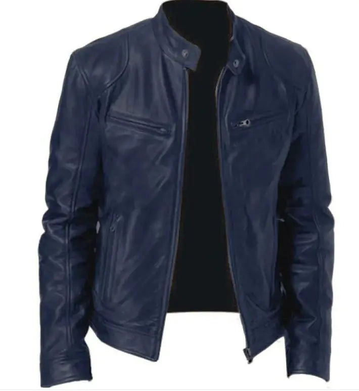 Men's Zip Cardigan PU Leather Jacket With Stand Collar 