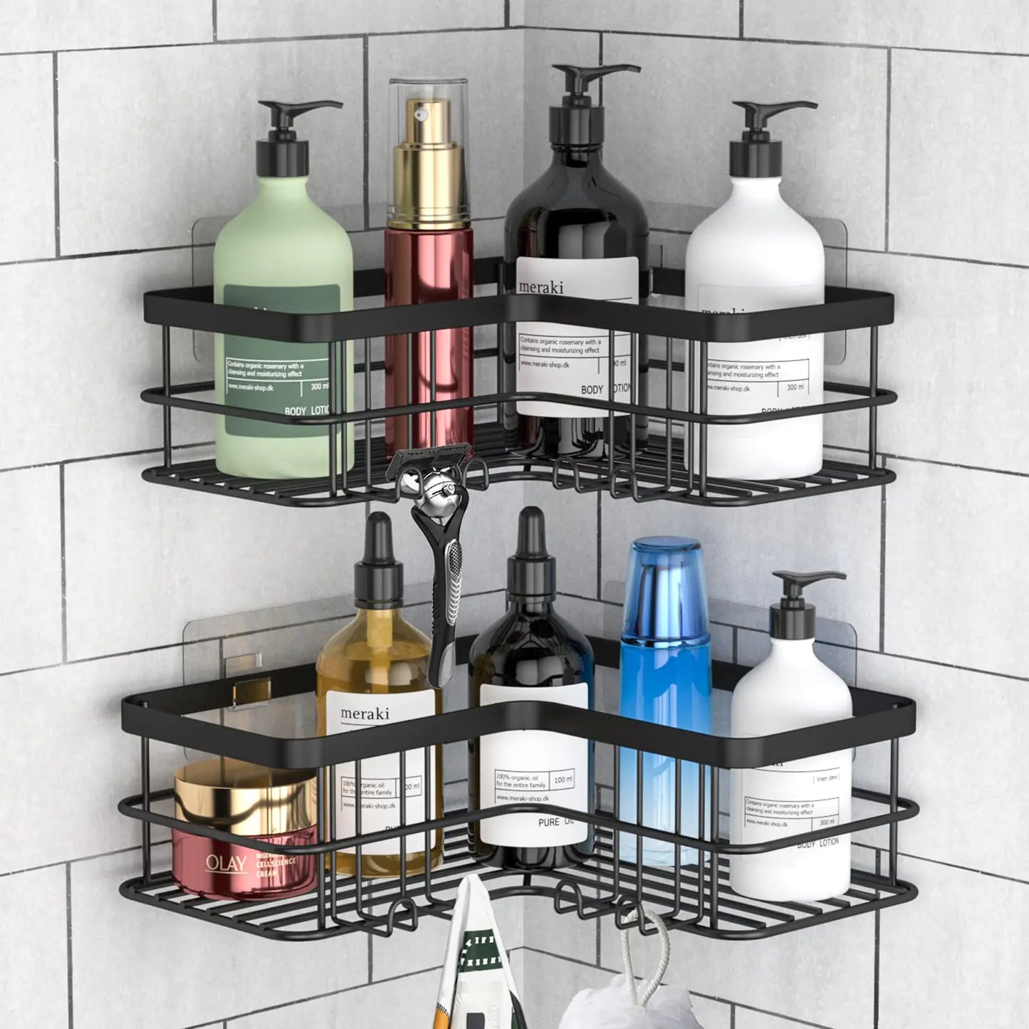 Yazoni Corner Shower Caddy Adhesive Shower Shelves No Drilling [2-Pack] Rustproof Stainless Steel Bathroom Shower Organizer Wall Mounted with 8 Hooks (Black)