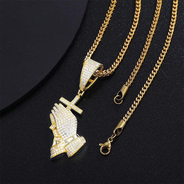 Cross Pray Hand Pendant Necklace 