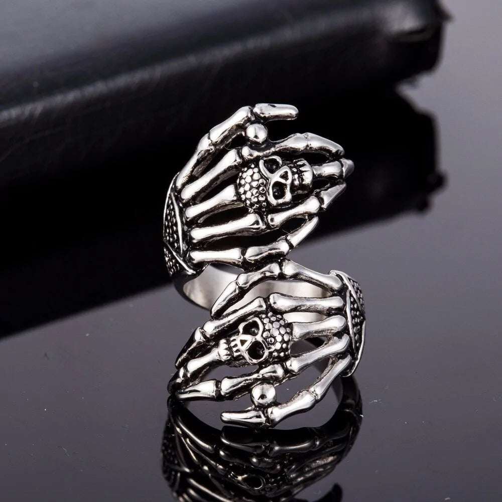 Retro Silver Skull Hand Ring 