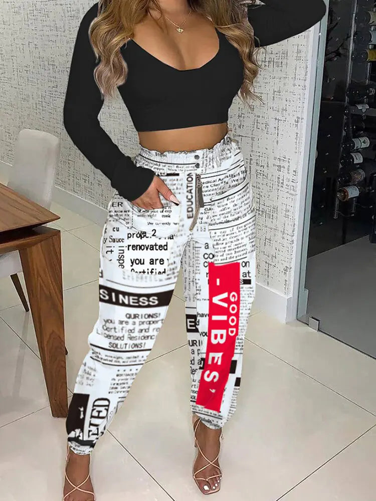 Autumn Newspaper Print High Waist 