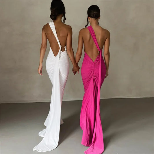 Backless Maxi Dress Oblique Shoulder Sleeveless 