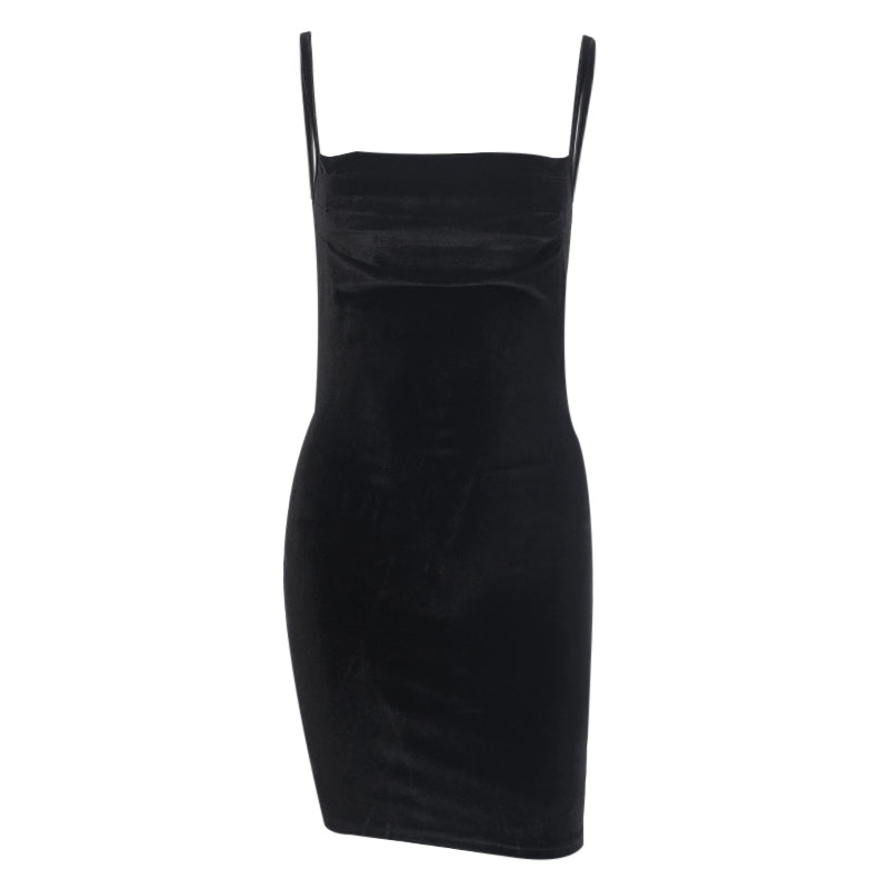 Solid Black Velvet Ruched Mini Dress