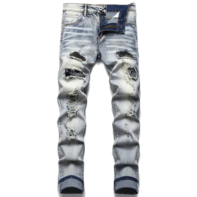 Men's Paisley Bandana Print Patch Jeans 