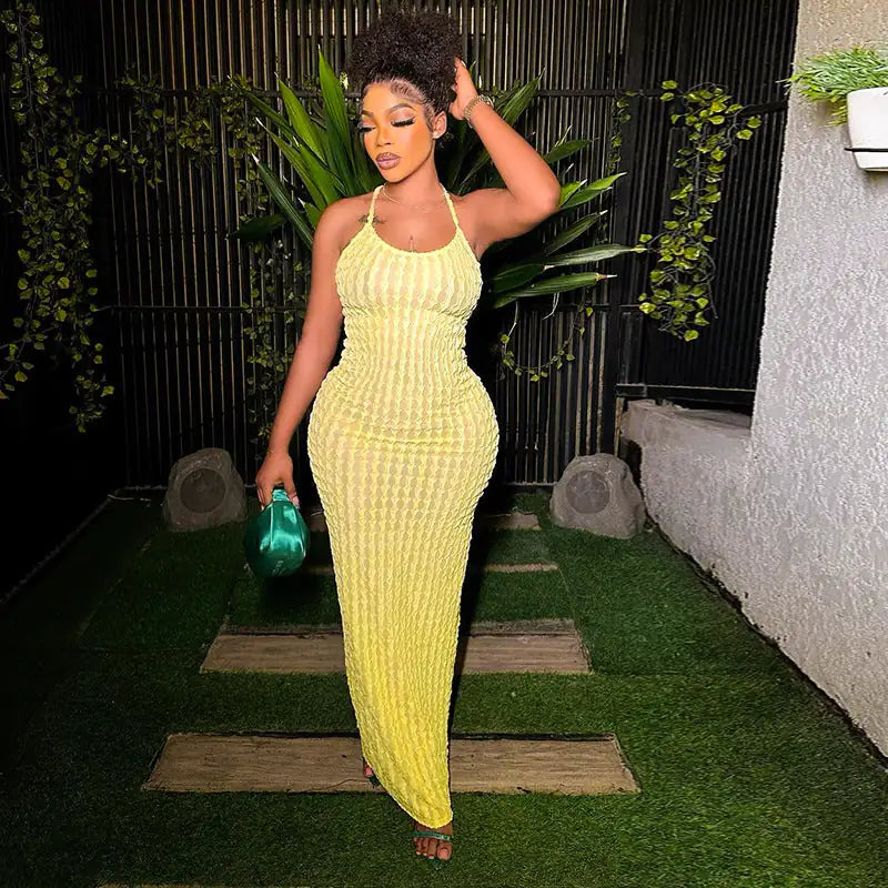 Summertime Fine Textured Cross Strap Maxi Dress 
