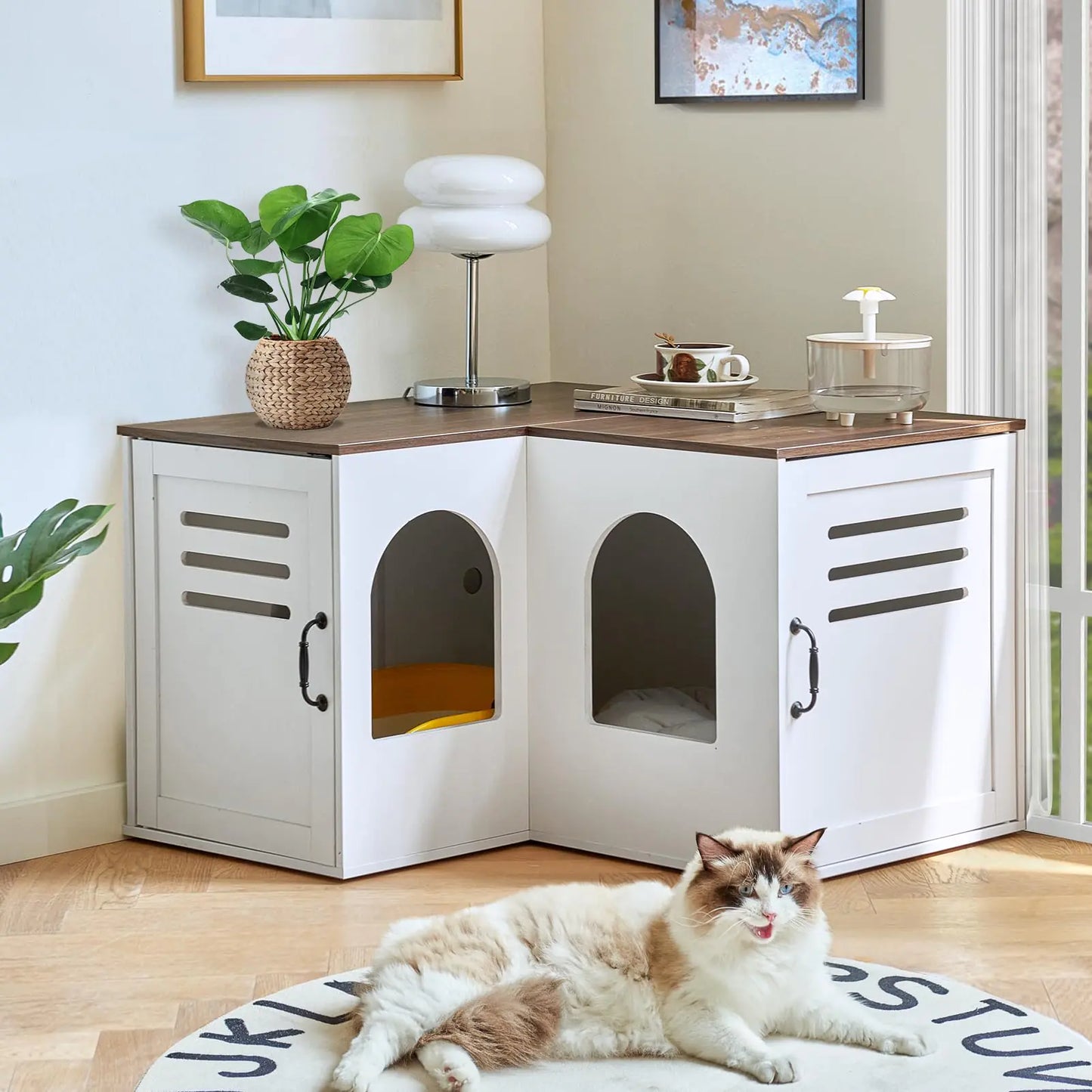 ^JanflyHome Corner Litter Box Enclosure for 2 Cats Hidden Furniture Litter Box Cabinet with Double Room Indoor Cat House End Table 31.5 x 17.7 x 19.7 in White