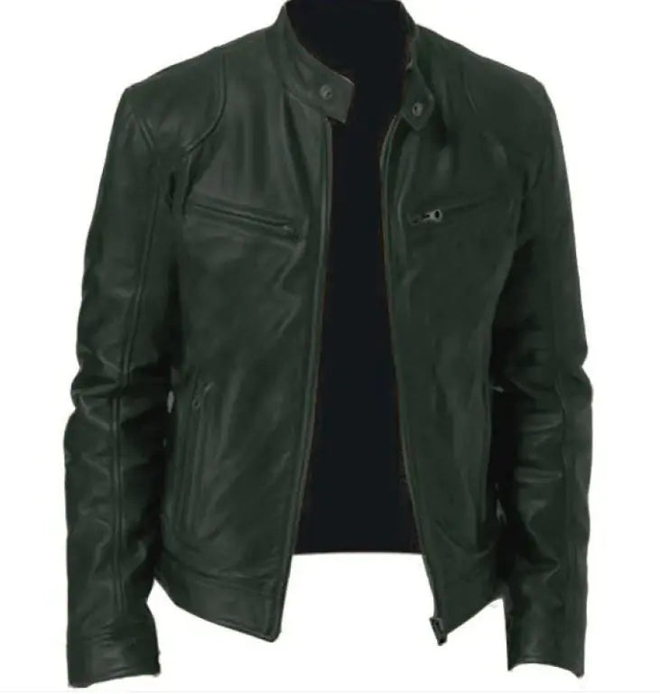 Men's Zip Cardigan PU Leather Jacket With Stand Collar 