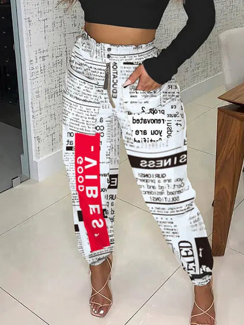 Autumn Newspaper Print High Waist 