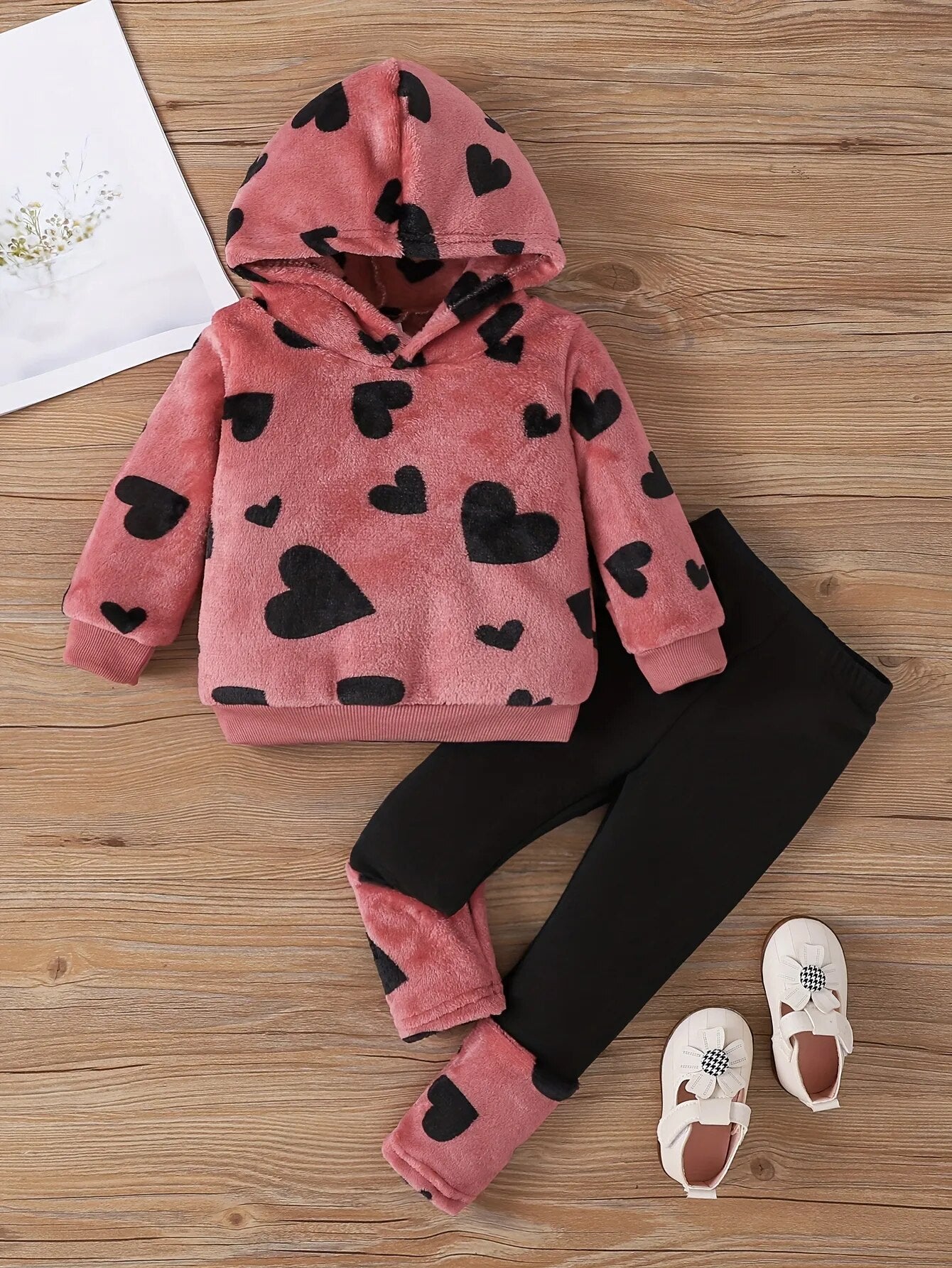 Cute baby girl outfit Long sleeve warm plush hoodie and leggings two-piece fall/winter baby outfit - MaiM