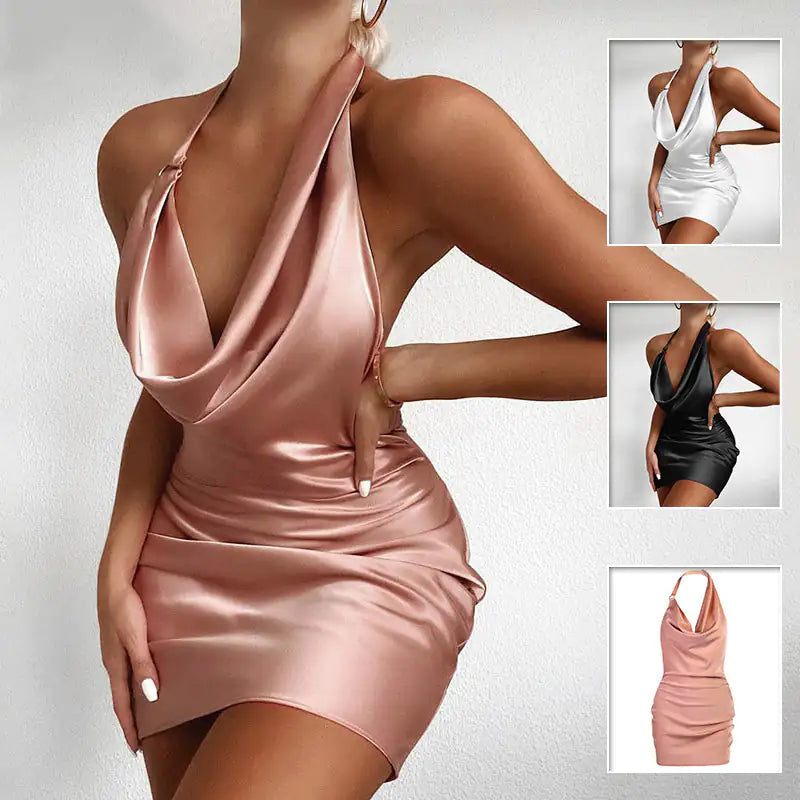 Satin Party Dress V Neck Backless Mini Sleeveless Summer Party Dress 